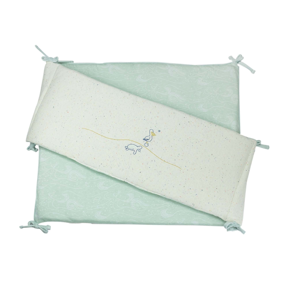 beige and mint green baby bed bumper for baby bed high position