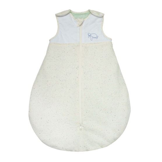 flecked sleeping bag with turtle embroidery on top