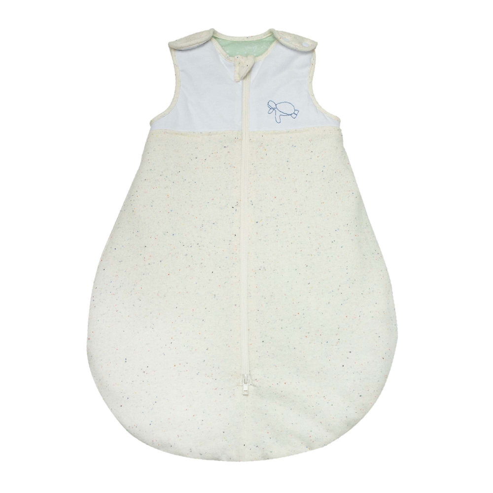 flecked sleeping bag with turtle embroidery on top