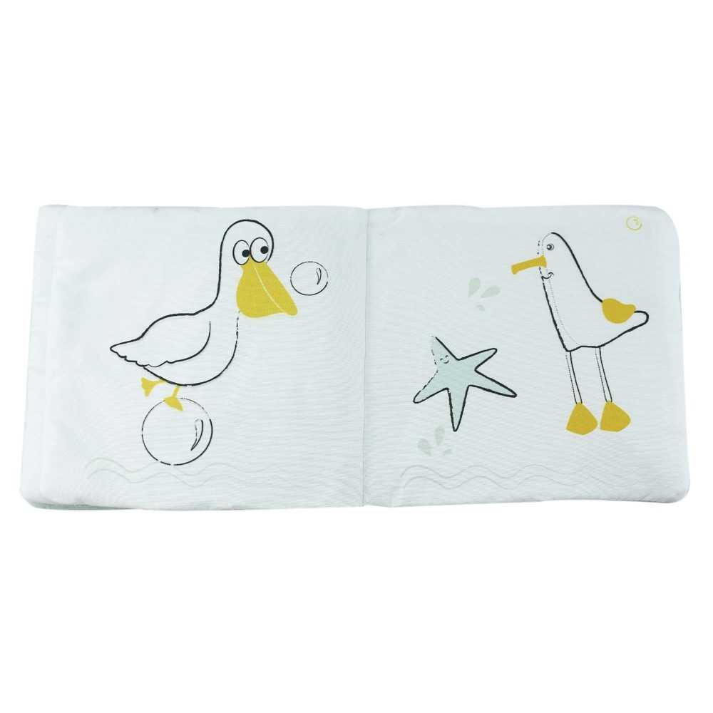 livro para bebés aberto com gaivota, estrela e gaivotão