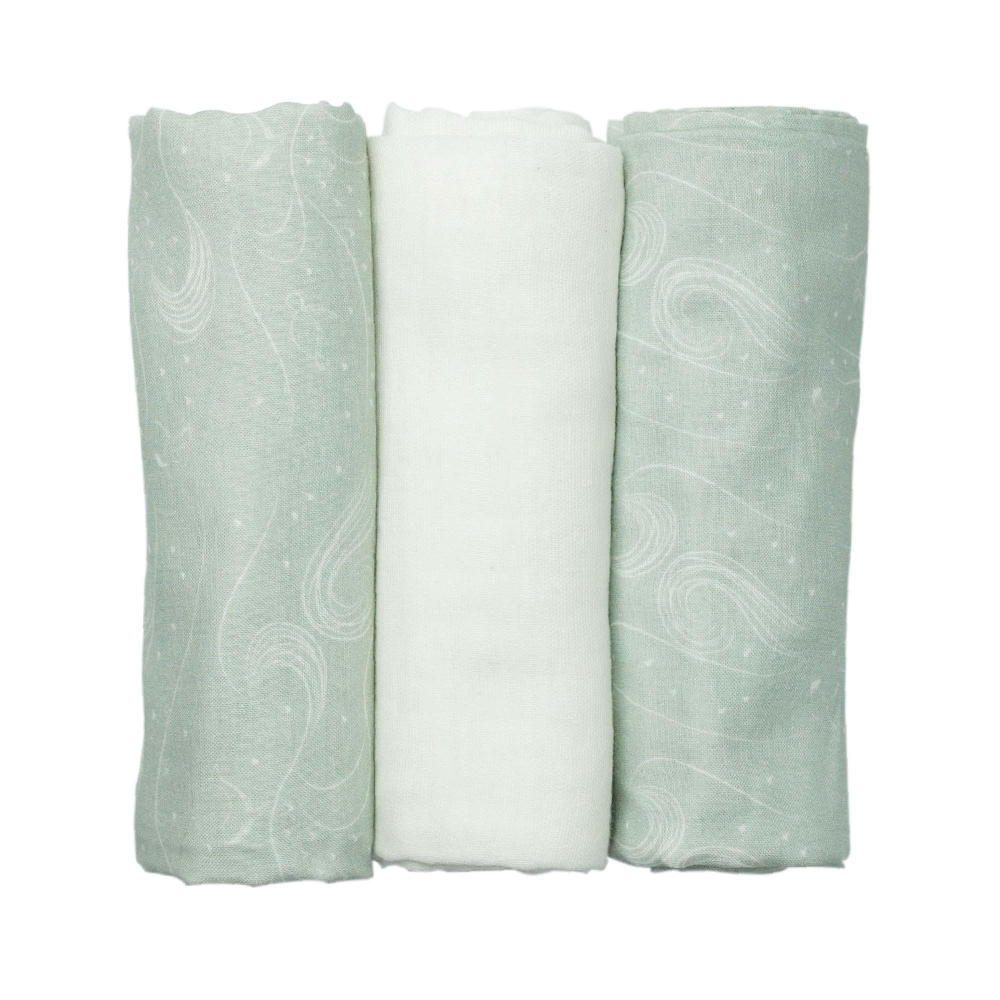 Lot de 3 musy-langes bébé en mousseline de coton blanc a motifs TWINKLE