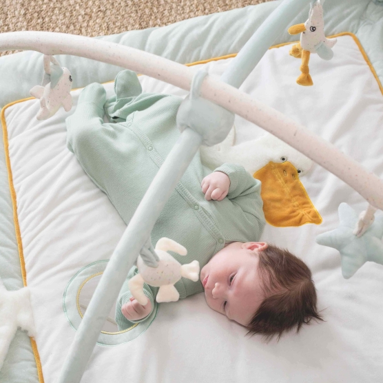 Nouveau-né sur son tapis d'éveil avec son arche d'activités