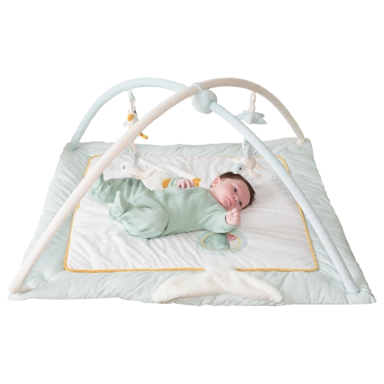 Newborn on activity playmat with activity arch