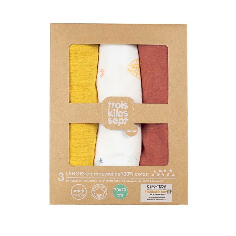 Lot De 3 Langes Bébé 70x70 Cm - Coton Mousseline Oeko-Tex - Multifonctions