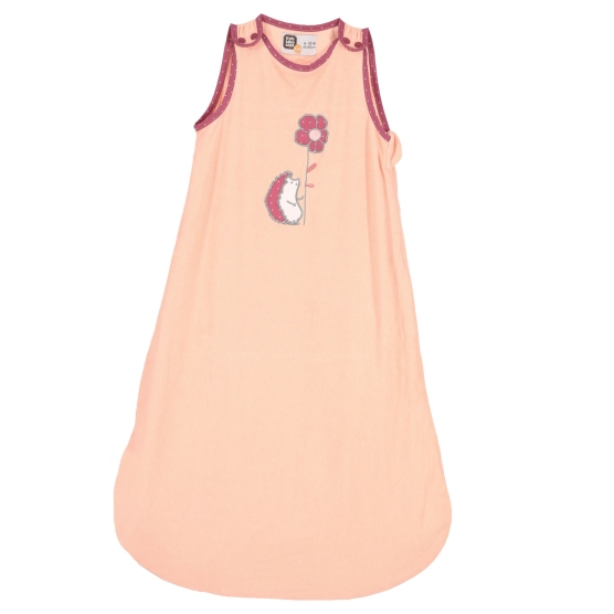 baby girl summer sleeping bag in salmon pink and eggplant with hedgehog on white background