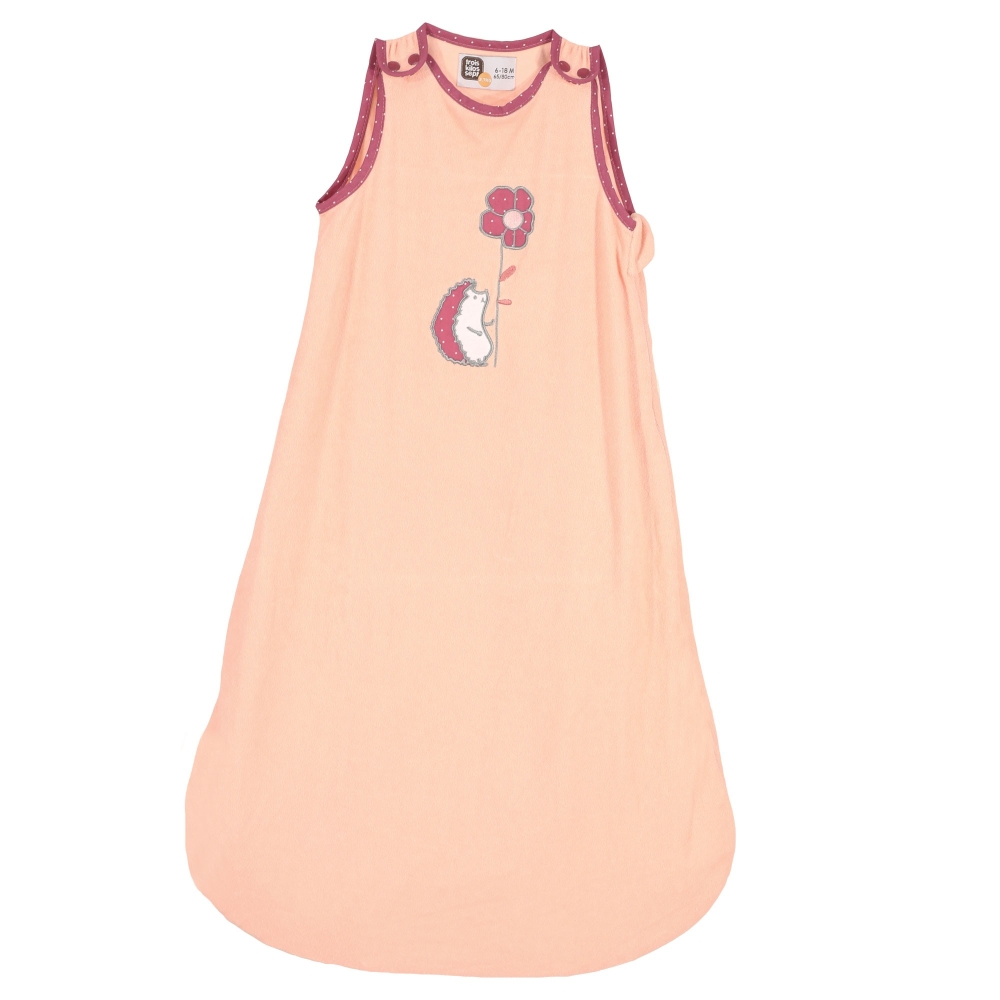 baby girl summer sleeping bag in salmon pink and eggplant with hedgehog on white background