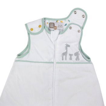 Close-up of the opening of the Kolala and His Tribe white and sage green 2.0 TOG sleeping bag