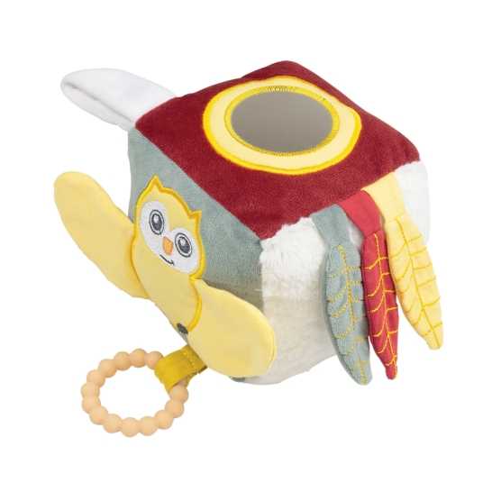 Cubo de atividades com uma pequena coruja em relevo e um pequeno espelho na parte superior