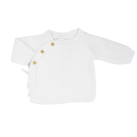 white baby cardigan with wood effect button