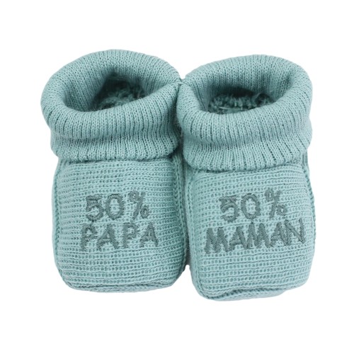 Sage green baby booties 50% daddy 50% mommy