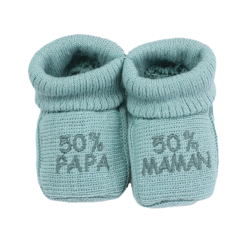Sage green baby booties 50% daddy 50% mommy