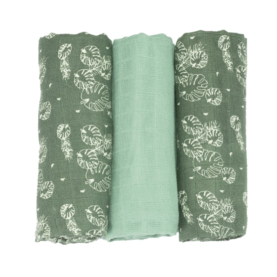 product photo of pine green and sage swaddle blankets with leaves
