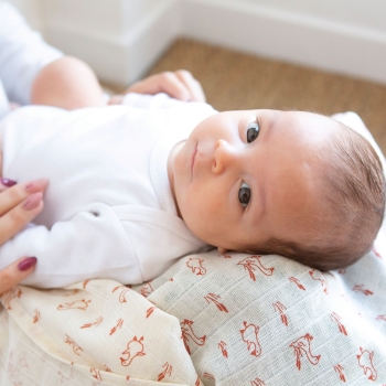 Baby lying on mother's lap with terracotta geese swaddle