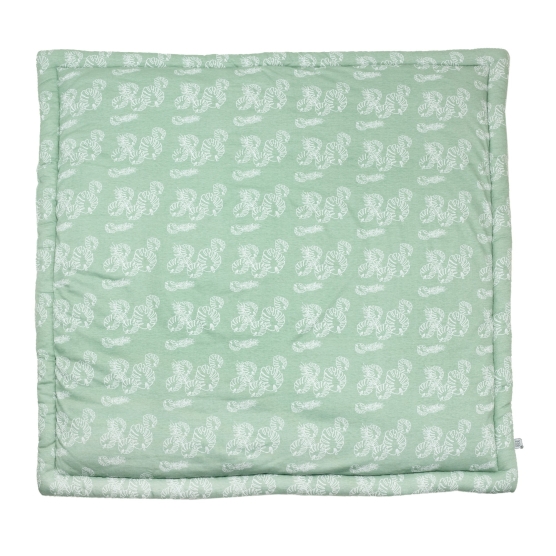 playpen mat with white leaf pattern on sage green background