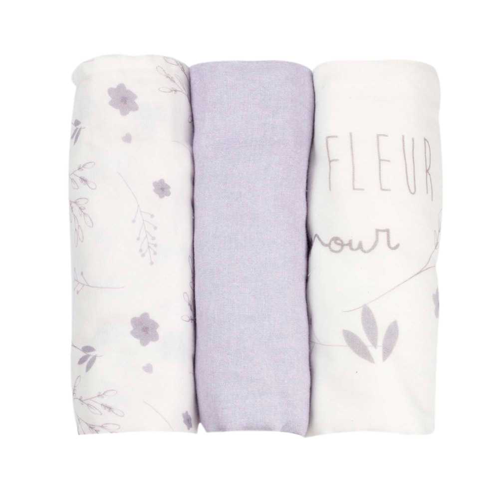 Conjunto de 3 fraldas de pano 70*70cm lilás e branco