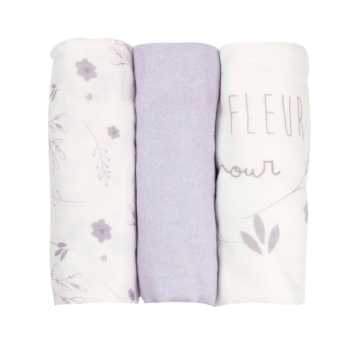 Conjunto de 3 fraldas de pano 70*70cm lilás e branco