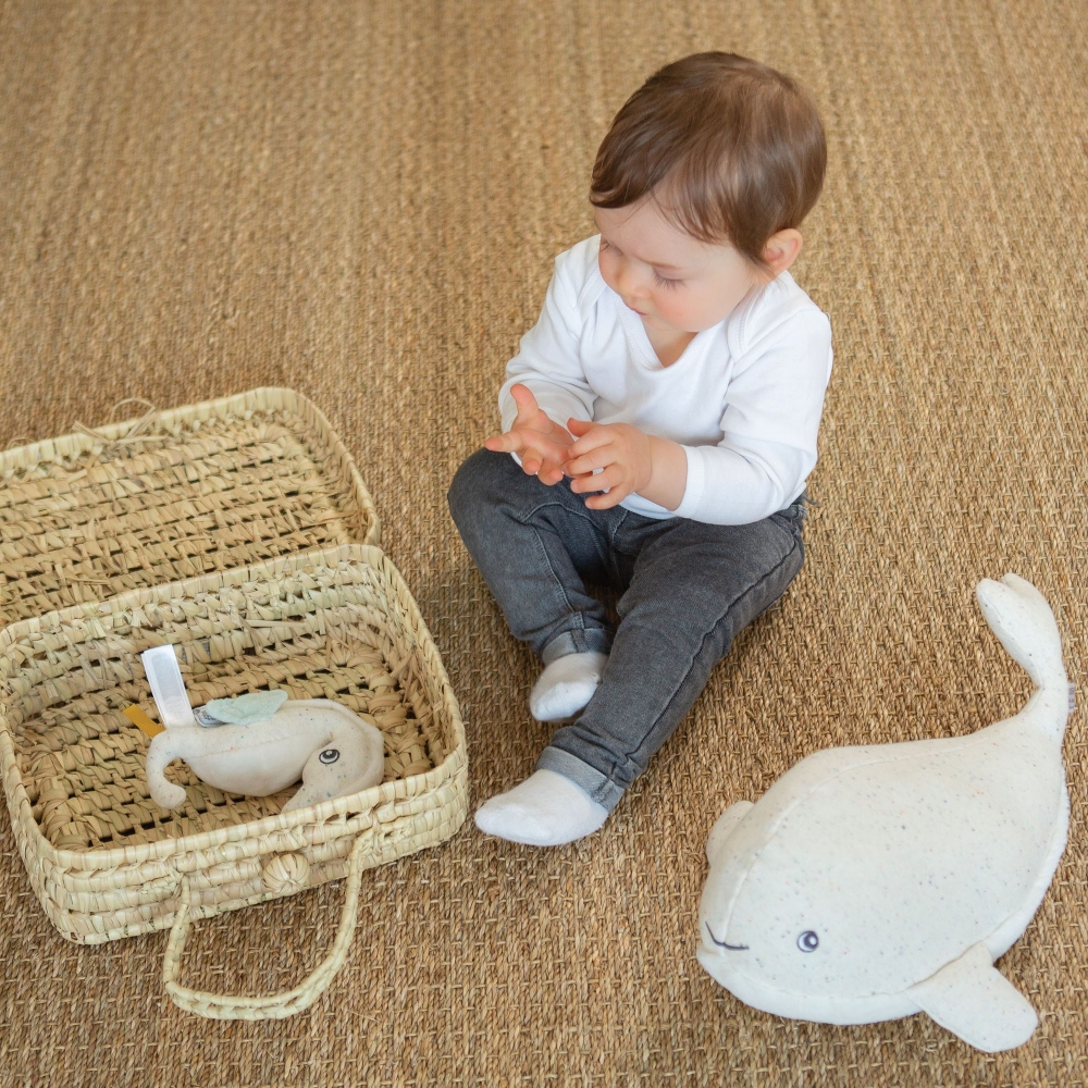 baby with their Irene the whale plush toy off the coast of Nova baby with their Irene the whale plush toy off the coast of Nova