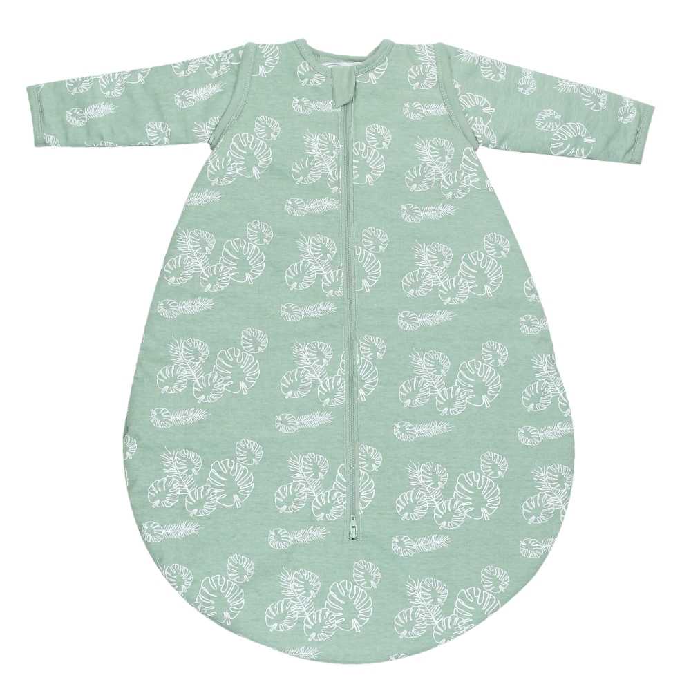 saco de dormir verde sálvia com motivos de folhas tropicais