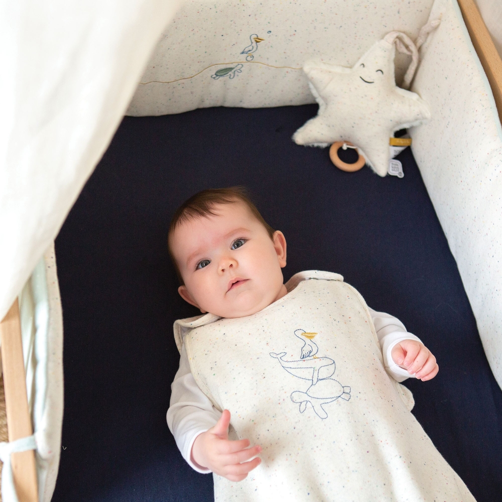 bambino nella sua sacca nanna ricamata al largo di nova