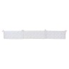 Crib bumper unfolded to clearly show its attachments and length. Crib bumper unfolded to clearly show its attachments and length.