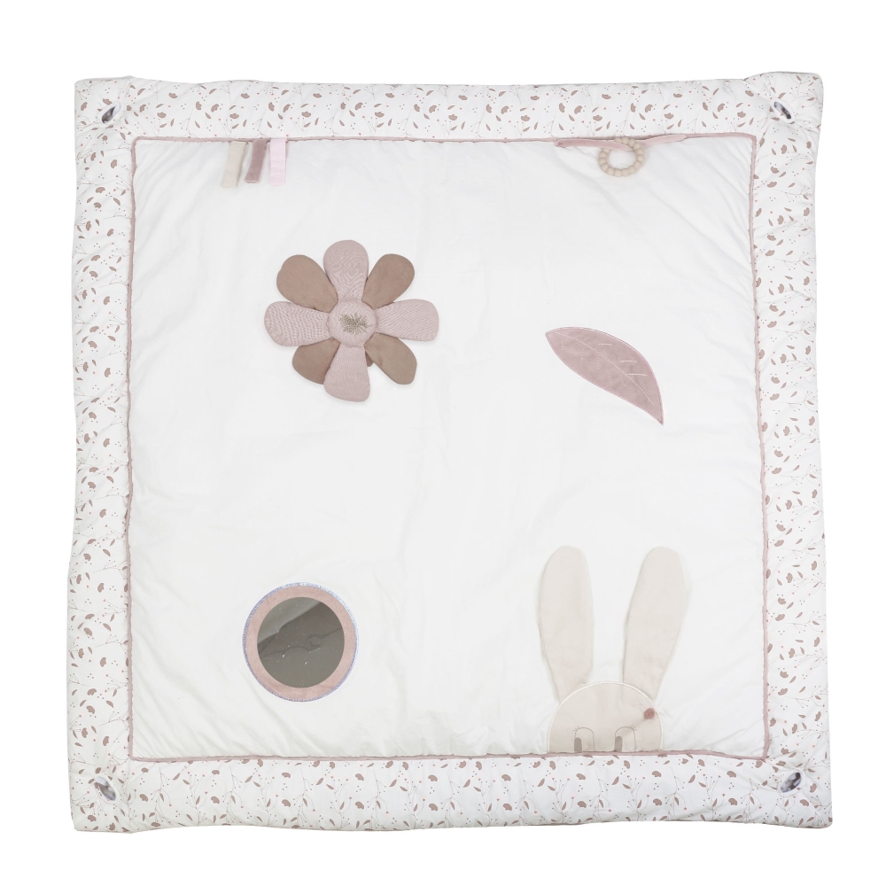 Activity playmat top view with the activity flower, mirror, and teething ring Activity playmat top view with the activity flower, mirror, and teething ring