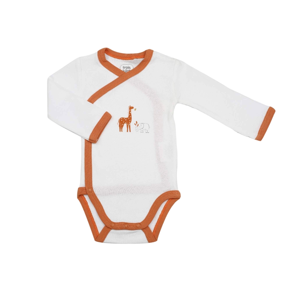 Terracotta-colored crossover bodysuit with giraffe and elephant Terracotta-colored crossover bodysuit with giraffe and elephant
