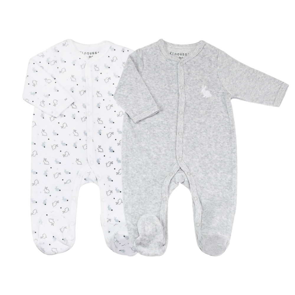 Set of two pajamas in heather gray and white with small rabbits
