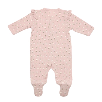 pink ribbed pajamas with flowers and shoulder straps back view pink ribbed pajamas with flowers and shoulder straps back view