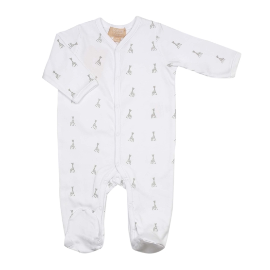 white newborn pajamas with sophie the giraffe pattern front