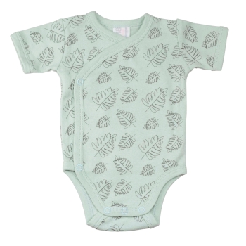 Close-up of the sage green bodysuit with tropical leaf patterns