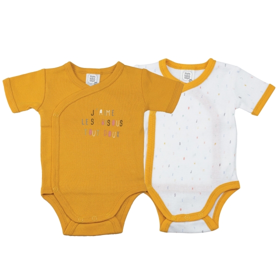 Set of two crossed mustard and white bodysuits