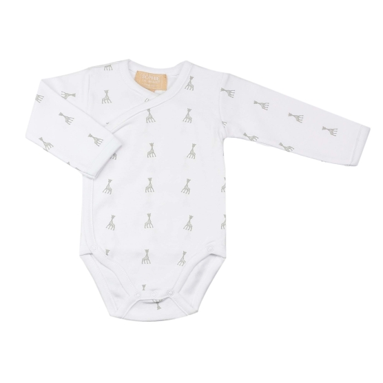 Sophie the Giraffe patterned crossover bodysuit front view