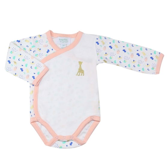 White girl's bodysuit, pink trim and colorful patterns ©Sophie la girafe