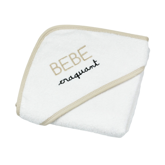 White irresistible baby hooded towel with beige trim