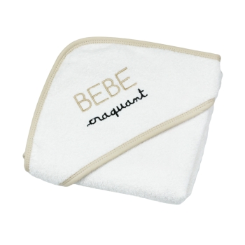 White irresistible baby hooded towel with beige trim