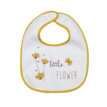 baby terry bib with mustard bias and pretty burgundy flowers