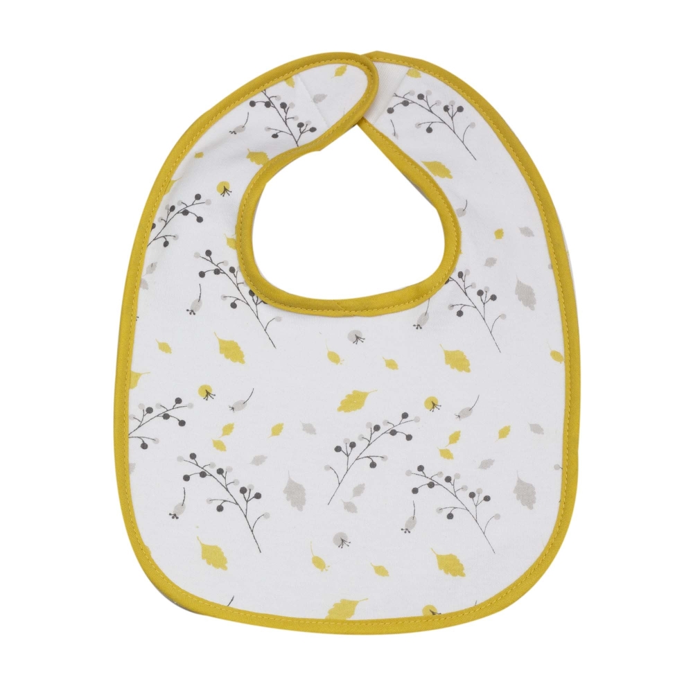 First age bib with mustard floral bias trim First age bib with mustard floral bias trim