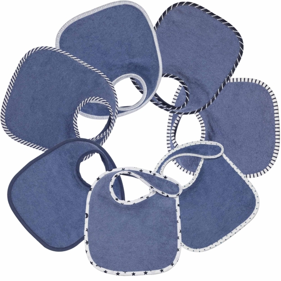 set of 7 plain blue unisex bibs