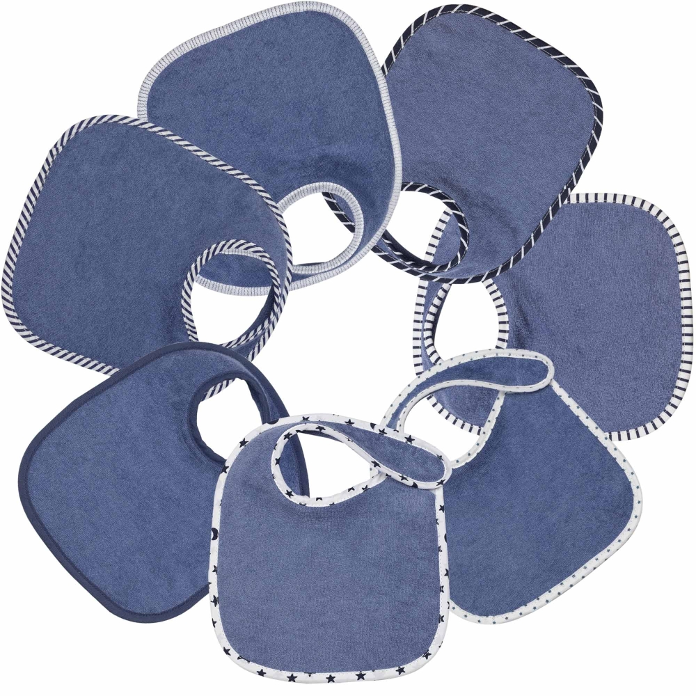 set of 7 plain blue unisex bibs