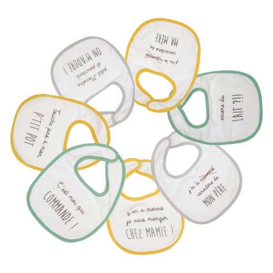 Set aus 7 Lätzchen mit lustigen Sprüchen