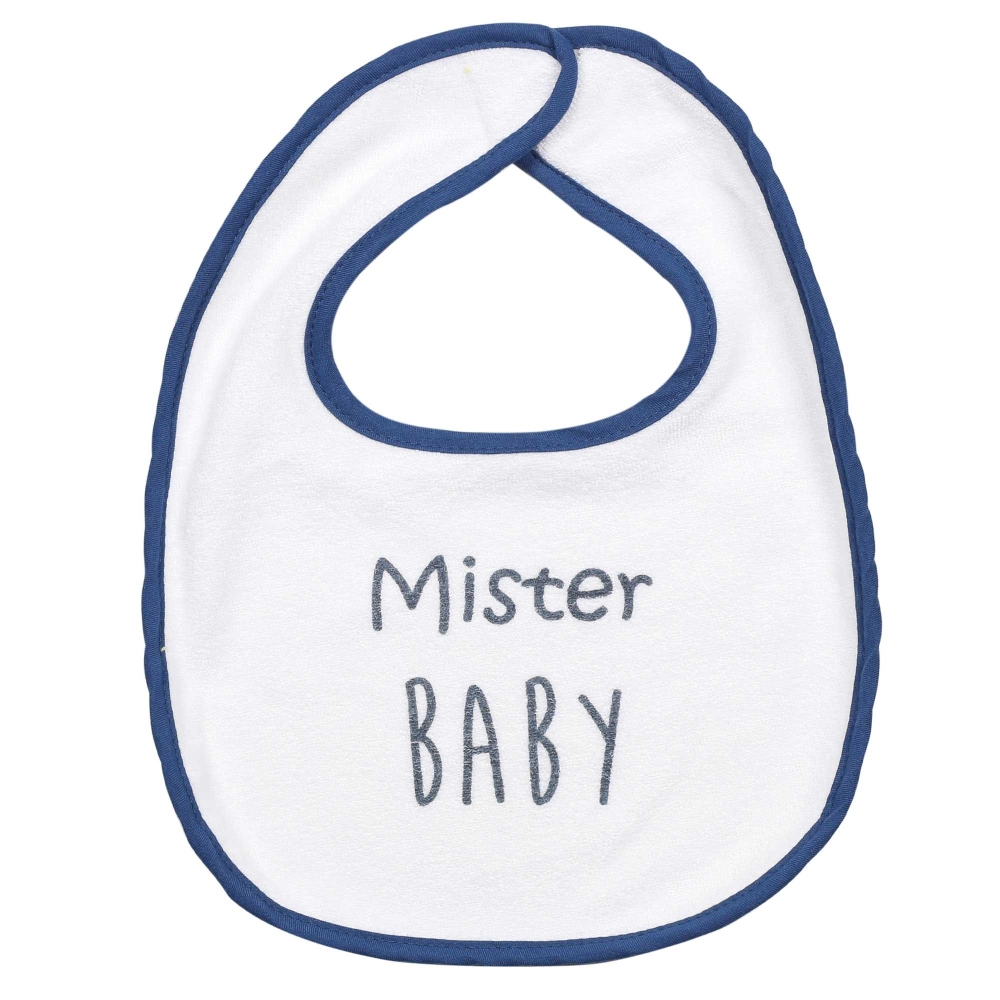 babete branco com rebordo azul e frase Mister Baby