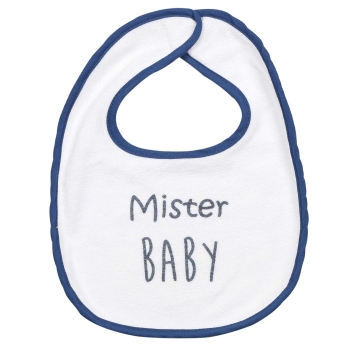 babete branco com rebordo azul e frase Mister Baby