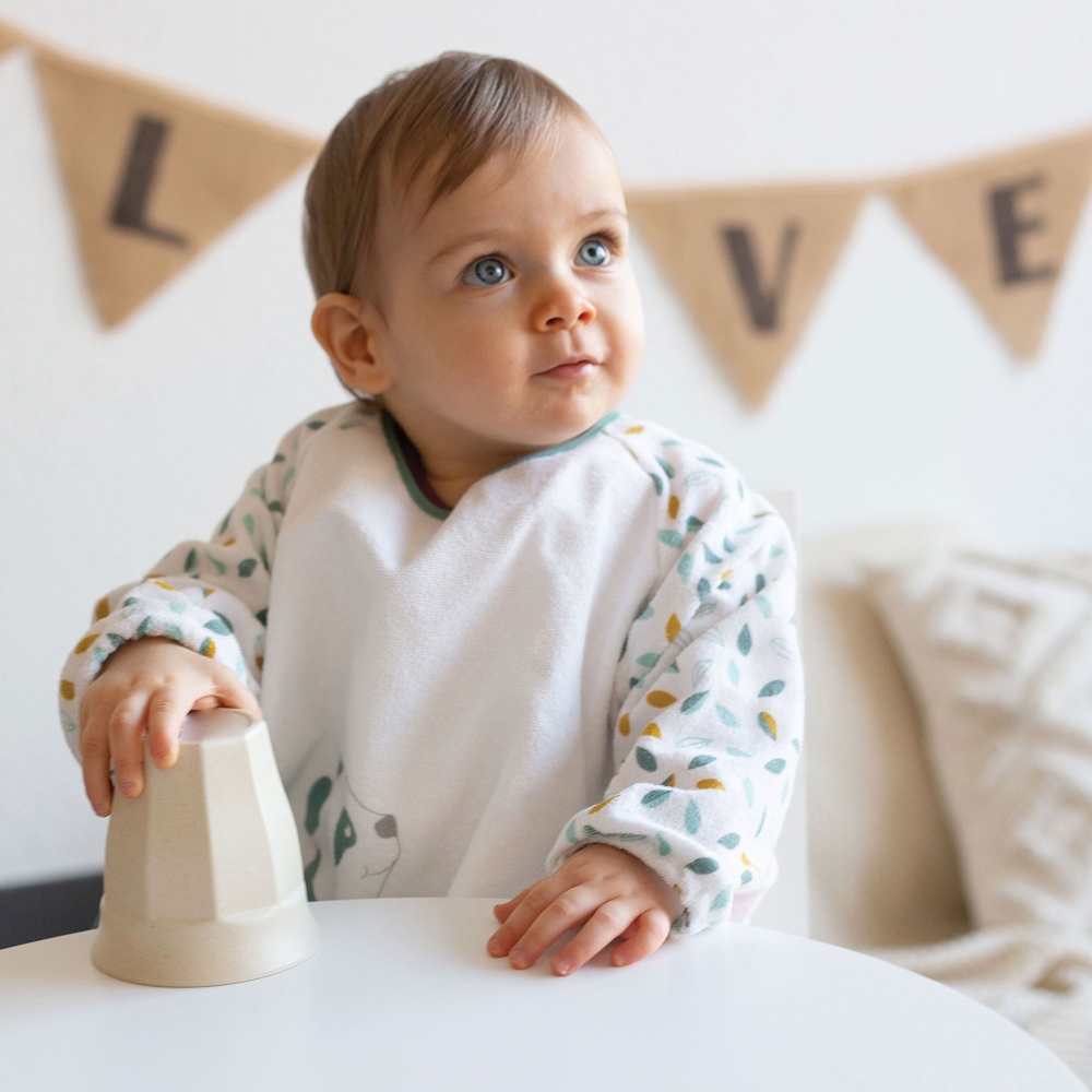 Bavoir tablier en éponge pour bébé moutarde et sauge
