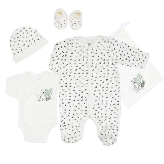 set nascita completo con pigiama, body, berretto, scarpine, muffole e sacchetto coordinato