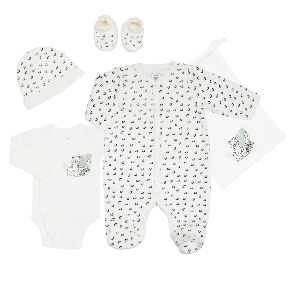 set nascita completo con pigiama, body, berretto, scarpine, muffole e sacchetto coordinato