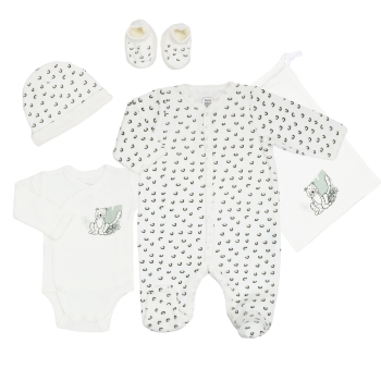 set nascita completo con pigiama, body, berretto, scarpine, muffole e sacchetto coordinato