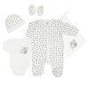 conjunto de nacimiento completo con pijama, body, gorro, patucos, manoplas y la bolsa de almacenamiento a juego