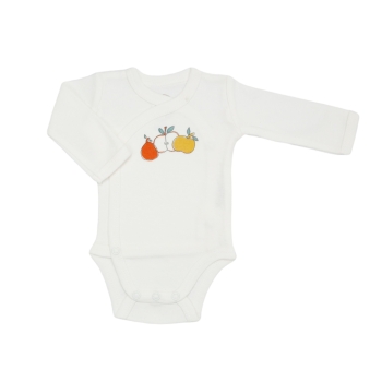 White long sleeve bodysuit with apples and pear drawing in the middle