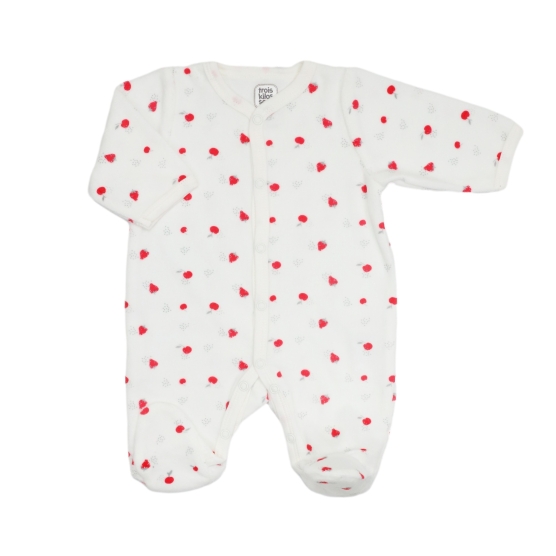 White newborn pajamas with small printed strawberries
