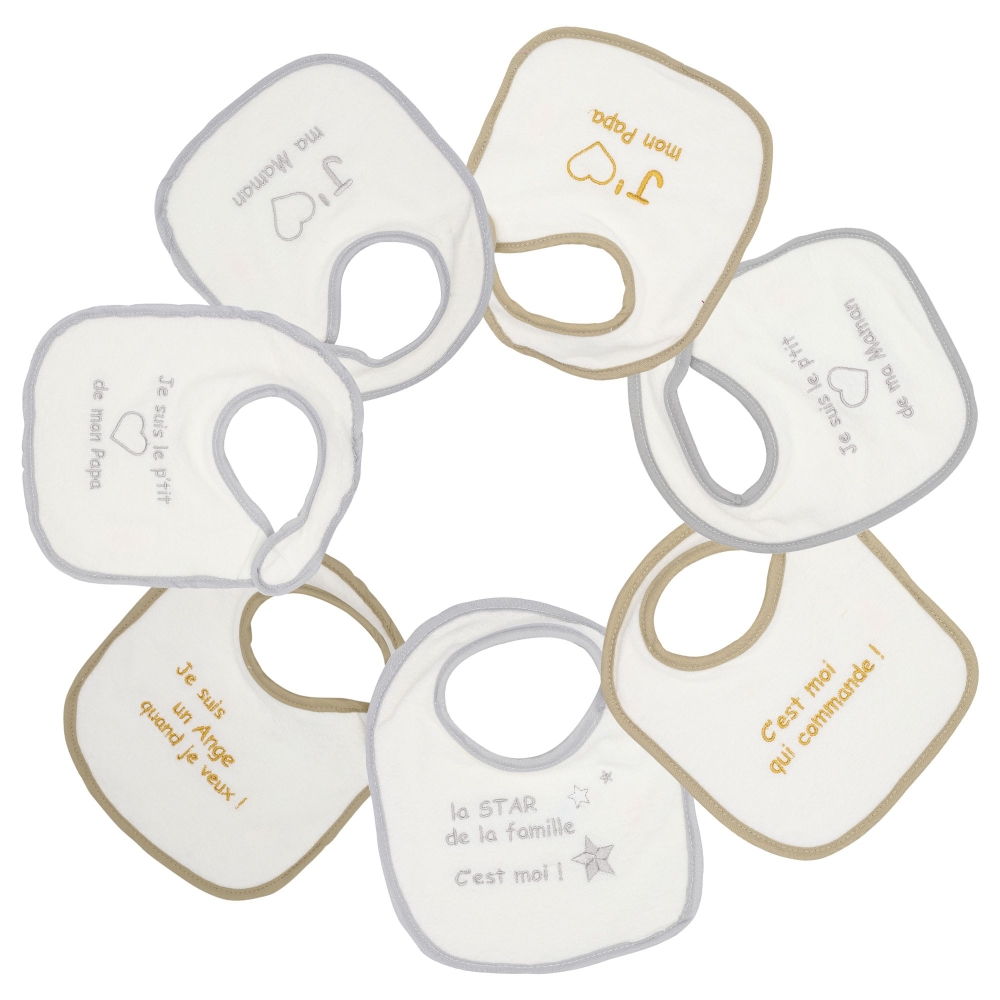 Lot de 7 bavoirs naissance avec message tendre - Beige